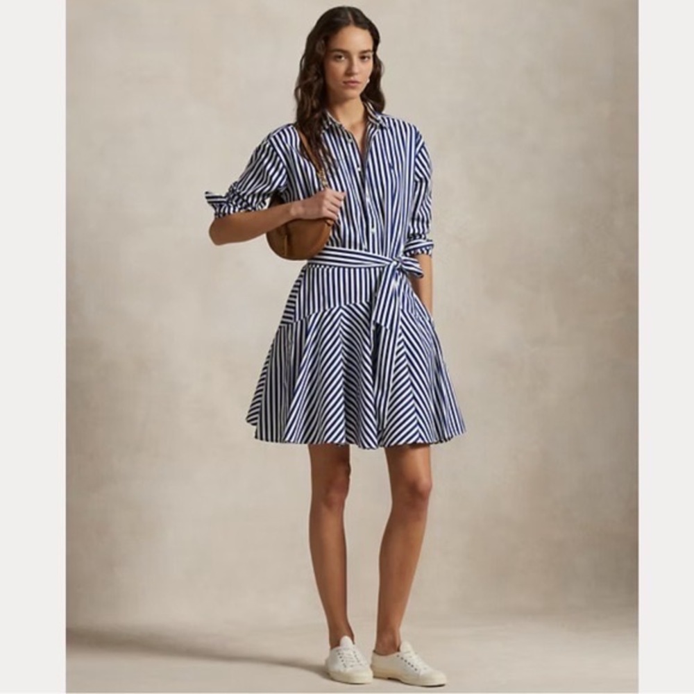 POLO RALPH LAUREN Striped Cotton Paneled Shirtdress - Royal White - 14